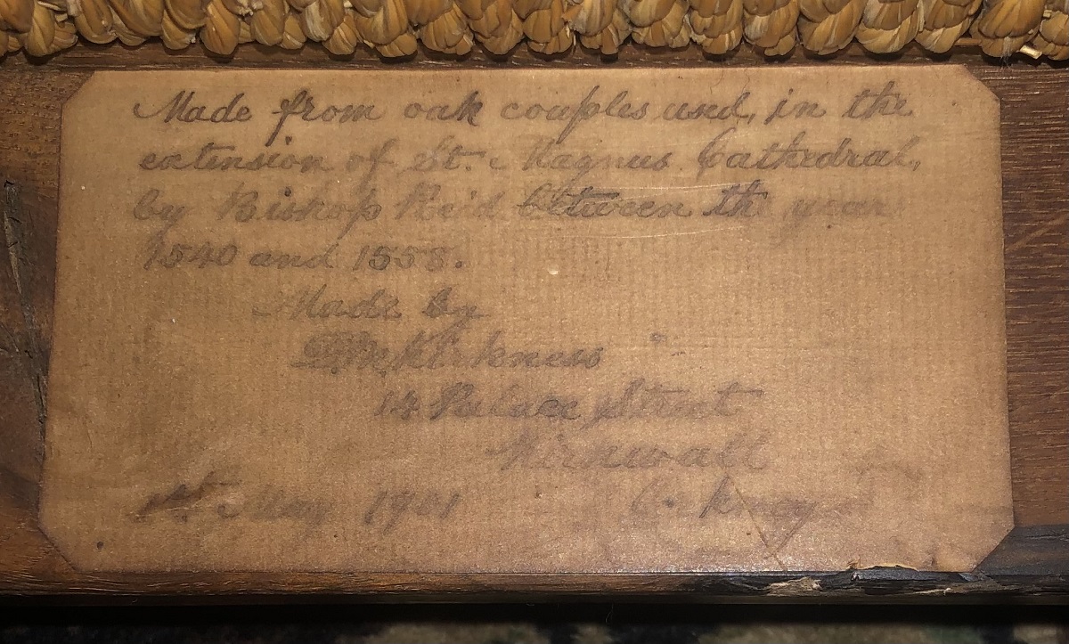 Inscription on newly acquisitioned Orkney Chair by legendary maker David M Kirkness.