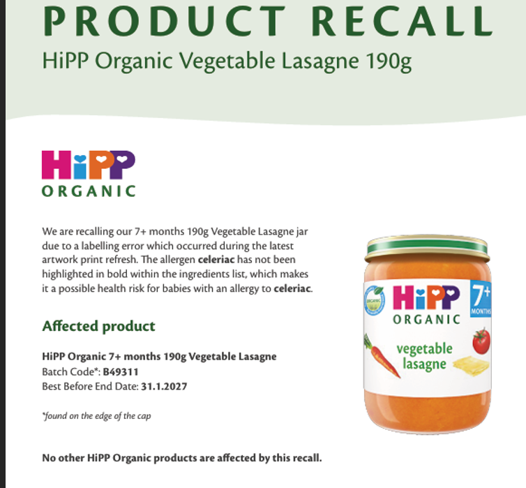 Product Recall -  HiPP Organic Vegetable Lasagne 190g